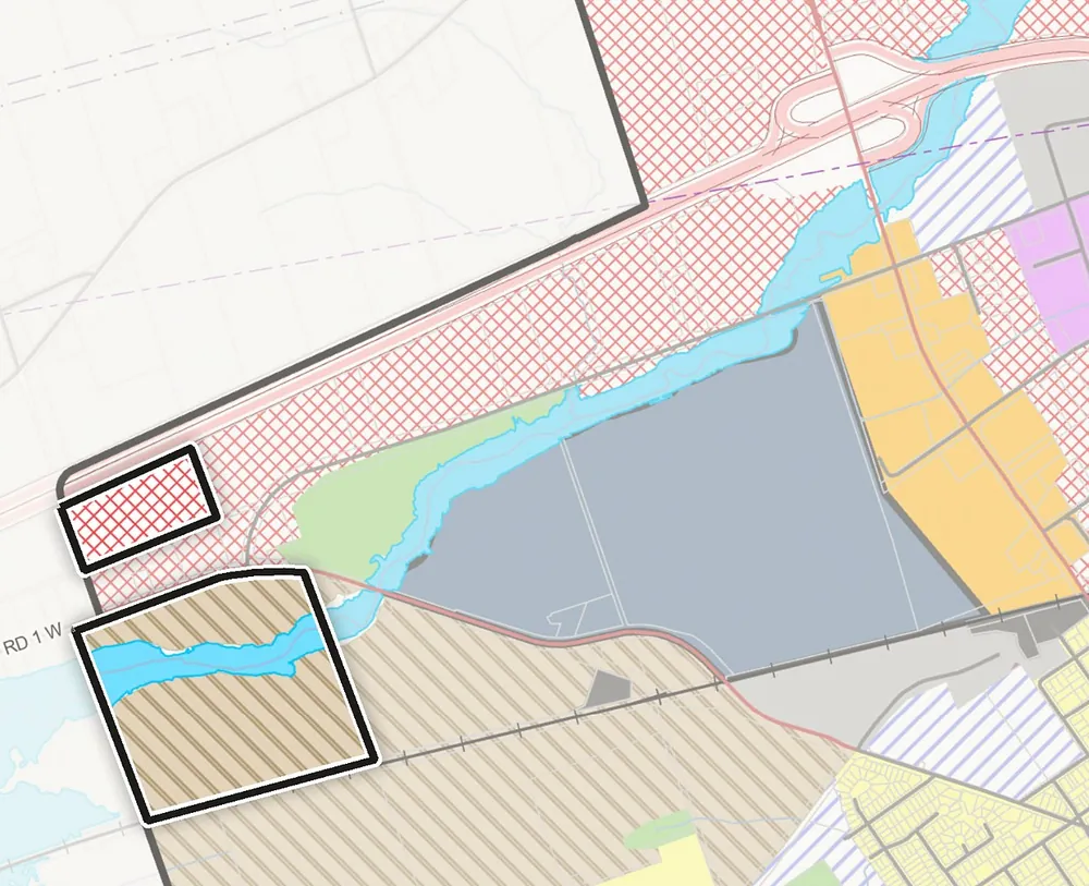 Excerpt of Schedule A, Land Use, Urban Area, of the Greater Napanee Official Plan, with the 88.5-acre parcel outlined in the Strategic Growth Secondary Plan Area and the 18.3-acre parcel outlined in the General Commercial designation on Highway 401