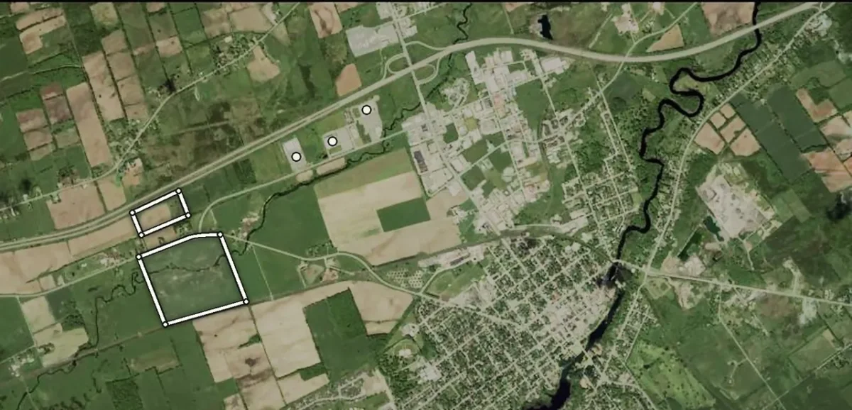Satellite overview of Greater Napanee showing the 88.5-acre Strategic Growth Area parcel and the 18.3-acre Highway 401 commercial parcel, the Highway 41 interchange and downtown Napanee
